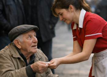 Официантка помогает старику нести его багаж