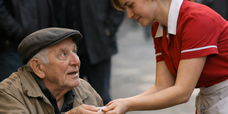 Официантка помогает старику нести его багаж